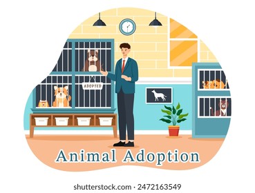 Vector Illustration of an Animal Adoption Agency Featuring Adopt a Pet from an Animal Shelter with Cats and Dogs in the Flat Cartoon Background