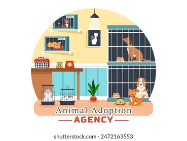 Ilustración vectorial de una agencia de adopción de animales que presenta Adopte una mascota de un refugio de animales con gatos y perros en el fondo plano de la historieta