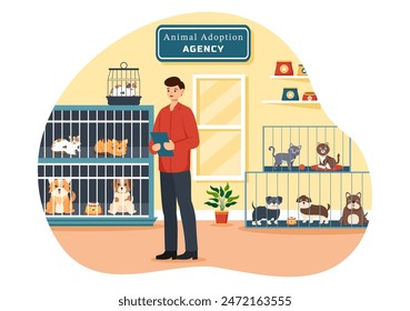 Vector Illustration of an Animal Adoption Agency Featuring Adopt a Pet from an Animal Shelter with Cats and Dogs in the Flat Cartoon Background