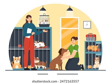 Vector Illustration of an Animal Adoption Agency Featuring Adopt a Pet from an Animal Shelter with Cats and Dogs in the Flat Cartoon Background