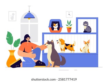 Vector Illustration of an Animal Adoption Agency Featuring Pet Adoption from a Shelter with Cats and Dogs in a Flat Cartoon Background