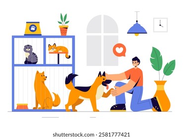 Vector Illustration of an Animal Adoption Agency Featuring Pet Adoption from a Shelter with Cats and Dogs in a Flat Cartoon Background