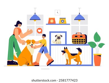 Vector Illustration of an Animal Adoption Agency Featuring Pet Adoption from a Shelter with Cats and Dogs in a Flat Cartoon Background