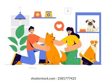 Vector Illustration of an Animal Adoption Agency Featuring Pet Adoption from a Shelter with Cats and Dogs in a Flat Cartoon Background