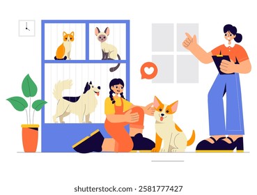 Vector Illustration of an Animal Adoption Agency Featuring Pet Adoption from a Shelter with Cats and Dogs in a Flat Cartoon Background