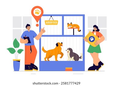 Vector Illustration of an Animal Adoption Agency Featuring Pet Adoption from a Shelter with Cats and Dogs in a Flat Cartoon Background