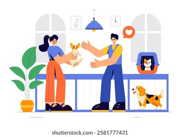 Vector Illustration of an Animal Adoption Agency Featuring Pet Adoption from a Shelter with Cats and Dogs in a Flat Cartoon Background