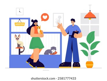 Vector Illustration of an Animal Adoption Agency Featuring Pet Adoption from a Shelter with Cats and Dogs in a Flat Cartoon Background