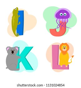 Vector illustration of animal alphabet isolated on white background. Letters from I to L. Cartoon images of iguana, jellyfish, koala and lion.