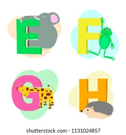 Vector illustration of animal alphabet isolated on white background. Letters from E to H. Cartoon images of elephant, frog, giraffe and hedgehog.