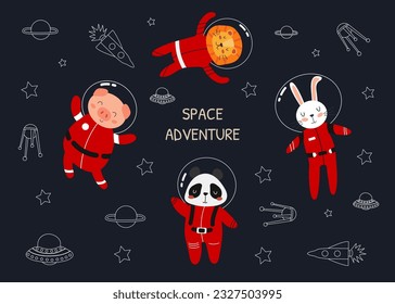 Vector illustration with animal astronauts. Cute animals in spacesuits. Lion, panda, rabbit, pig. Space adventure. Banner with stars, planets, rockets. Doodle. Concept for kids.