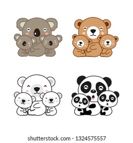 Vector illustration of animal and baby including bear, polar bear, koala and panda.