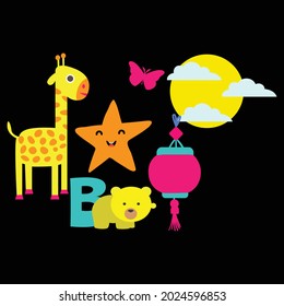Vector illustration of animal and baby including zeraf, smile star, butterfly