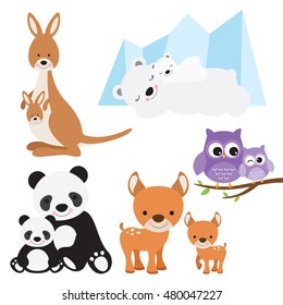 Vector Illustration Of Animal And Baby Including Kangaroo, Polar Bear, Owl, Panda And Deer.