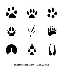 Vector illustration animal and birds footprints icon set. Set foot prints wild animals, illustration of black silhouette.