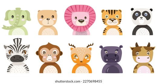 Vector illustration of animal cartoon flat design set, elephant,bear,lion,tiger,panda,zebra,monkey,deer,hippopotemus,cow