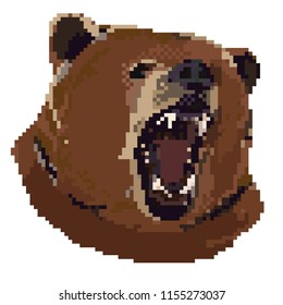 Vector illustration of animal cartoon - Pixel art style.The head roaring bear. Growling angry grizzly bear