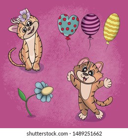 Vector illustration of an animal cat playing on the grass among flowers and balloons on a textured background