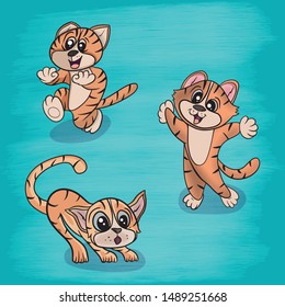 Vector illustration of an animal cat playing on the grass among flowers and balloons on a textured background