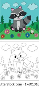 Vector illustration of an animal. Children`s educational coloring book with a color example. Children`s cartoon about a cute raccoon and a bee in a meadow with flowers in the forest. 