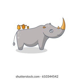 Vector illustration with animal. Cote cartoon rhinoceros with birds.Funny character. 