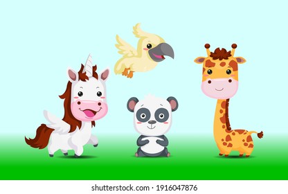 Vector illustration, animal cute wildlife unicorn, panda, giraffe and bird