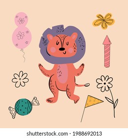 Vector illustration of an animal of different types among holiday items on an orange background