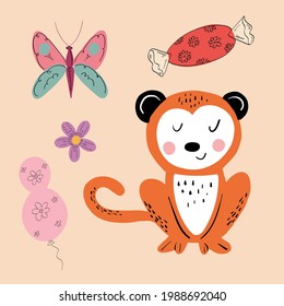 Vector illustration of an animal of different types among holiday items on an orange background