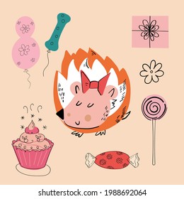 Vector illustration of an animal of different types among holiday items on an orange background