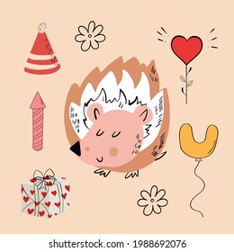 Vector illustration of an animal of different types among holiday items on an orange background