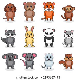 Vector illustration of animal. Dog, Bear, Tiger, Monkey, Raccoon, Rabbit, Panda, Wolf, Koala, Mouse, Cat and Squirrel. Cute forest animals. Cartoon character design collection
