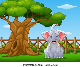 Vector illustration of Animal elephant beside a tree inside the fence