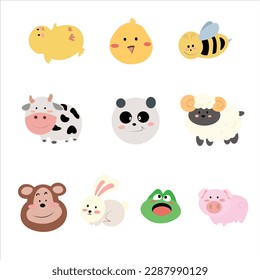 vector illustration of an animal face bee panda sheep cow pig frog rabbit monkey chick