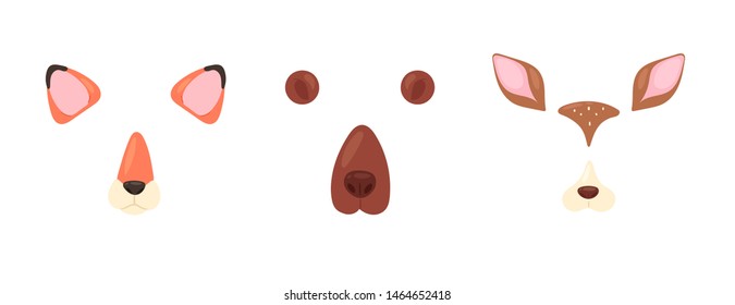 Vector illustration of animal face for selfie photo or video chat for apps. Cute and funny cartoon character, fox, bear, deer head mask with nose and ears for masquerade, carnival, costume party