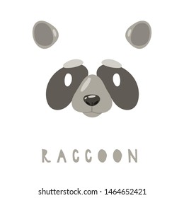 Vector illustration of animal face for selfie photo or video chat for apps. Cute and funny cartoon character, raccoon head mask with nose and ears for masquerade, carnival, costume party