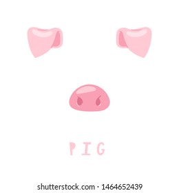 Vector Illustration Of Animal Face For Selfie Photo Or Video Chat For Apps. Cute And Funny Cartoon Character, Pig Head Mask With Nose And Ears For Masquerade, Carnival, Costume Party