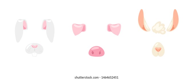 Vector Illustration Of Animal Face For Selfie Photo Or Video Chat For Apps. Cute And Funny Cartoon Character, Rabbit, Pig, Lama Head Mask With Nose And Ears For Masquerade, Carnival, Costume Party