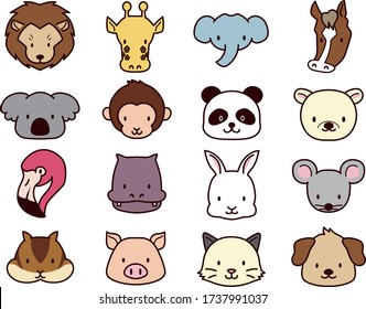 Vector illustration of animal faces. Cute cartoon style. (lion, giraffe, elephant, horse, koala, monkey, panda, bear, flamingo, hippo, rabbit, mouse, squirrel, pig, cat and dog)