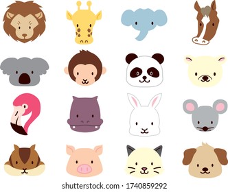 Vector illustration of animal faces. Cute cartoon style. No outline. (lion, giraffe, elephant, horse, koala, monkey, panda, bear, flamingo, hippo, rabbit, mouse, squirrel, pig, cat and dog)