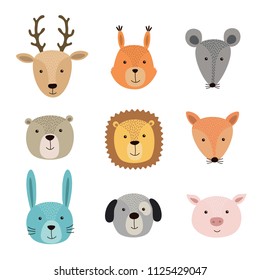 Vector illustration of animal faces including deer, squirrel, hare, lion, pig, fox, mouse, dog, bear