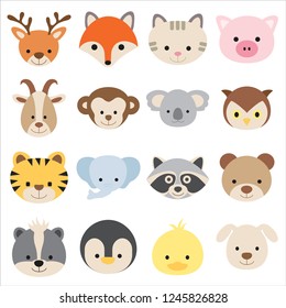 Vector illustration of animal faces, including deer, Fox, cat, pig, goat, monkey, Koala, owl, tiger, elephant, raccoon, bear, penguin, duck and dog.