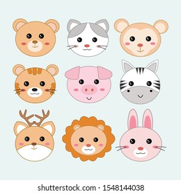 Vector illustration of animal faces including ,Bear,Deer,Tiger,Monkey, Rabbit,Lion,Tiger,Zebra,Cat .Vector illustration.