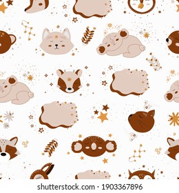 Vector illustration of animal faces on a white background.Seamless pattern for children's textiles, decor
