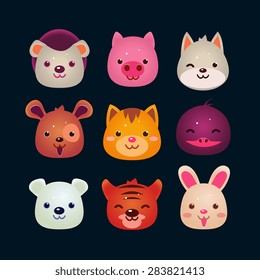 Vector illustration of animal faces set