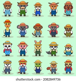 Vector illustration of Animal farmer cartoon. Cute Animal farmer character design with straw hat. Character flat design.