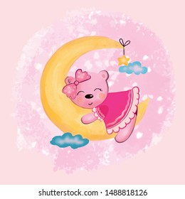 Vector illustration of an animal girl bear sleeping on a crescent moon in the sky among the clouds in pink colors