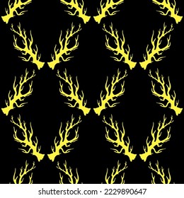 Vector illustration with animal gold horns silhouettes isolated on black background. Seamless pattern.