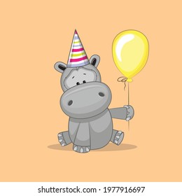 vector illustration animal hippopotamus holiday sitting small animals childish baby shower toy greeting happy birthday background card beautiful gift  ball celebration party art fun graphic design
