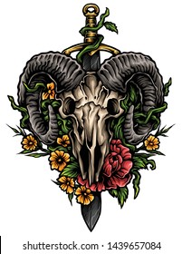 Vector illustration of animal horned antler skull with sword and flowers