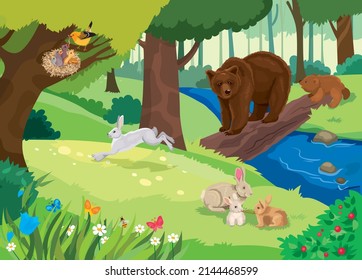 Vector illustration of animal life in the forest in summer